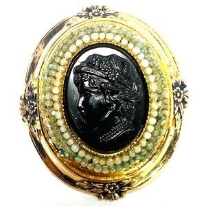 Vtg Coro Cameo Brooch Mourning Seed Pearls Gold Tone Frame Signed